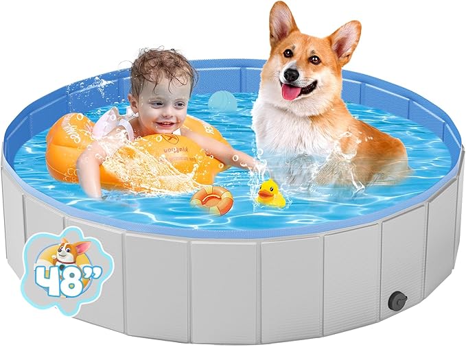 YSJILIDE Portable Dog Pool PVC Pet Swimming Pool Bathtub Collapsible Dog Pool, Hard Plastic Pool for Pets to Swim and Bath (L-47"x 12" Light Grey)
