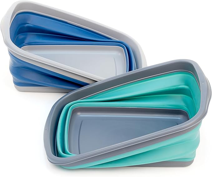 SAMMART 10L (2.6 Gallons) Set of 2 Collapsible Tub - Foldable Dish Tub - Portable Washing Basin - Space Saving Plastic Washtub (Dark Sea Green & Steel Blue, 2)