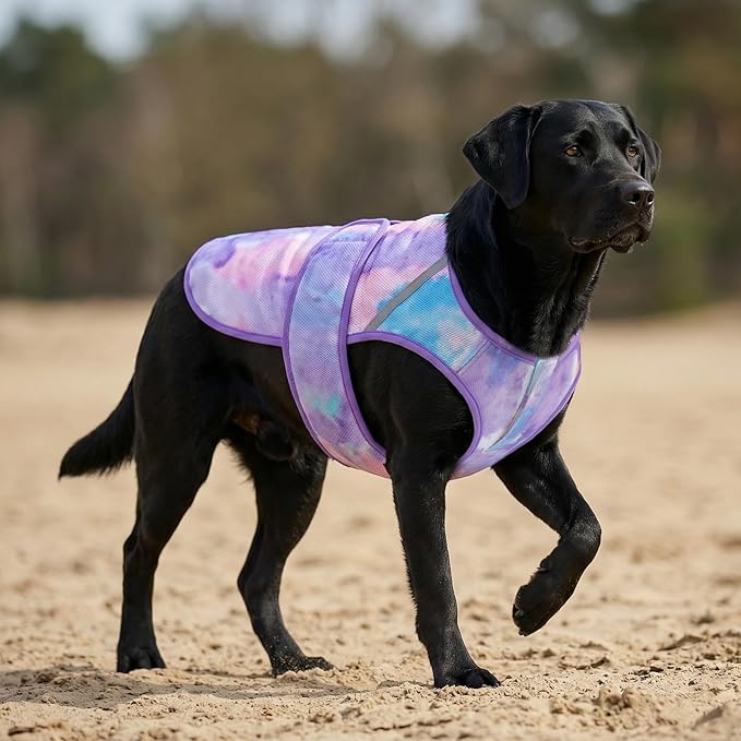 KYEESE Dog Cooling Vest, Lightweight Dog Cooler Jacket, 3D Breathable Mesh Pet Cooling Shirts for Summer with Reflective Stripe, Sun Protection Pet T Shirt for Beach, Hiking, Walking, Purple, 3XL
