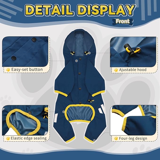 Dog Raincoat, Waterproof Dog Rain Jacket with Hood, Dog Rain Coat with Leash Hole, Reflective Strap for Small Medium Dogs, Lightweight Puppy Clothes(Blue,XS)