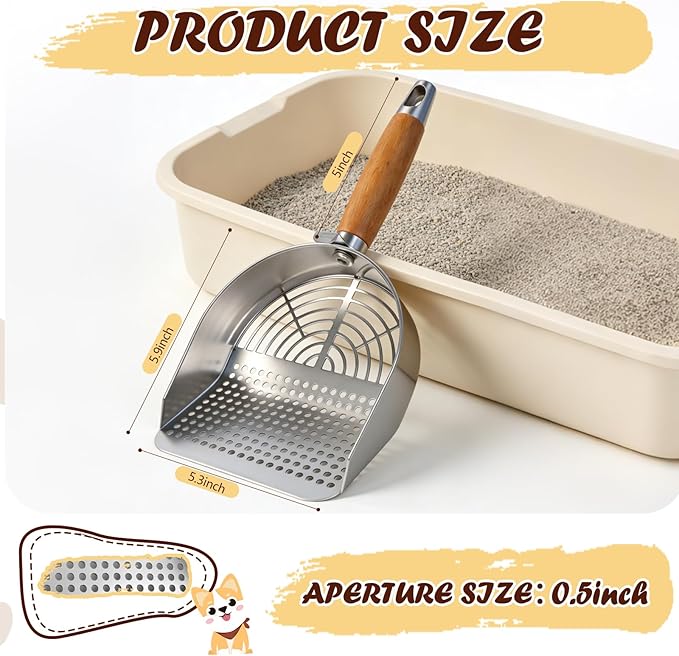 Cat Litter Scoop 304 Stainless Steel Rust Proof, Sifting Litter Box Scooper with Wood Handle, Curved Design for Easy Cleaning, Dual Sifter Holes cat Litter Shovel