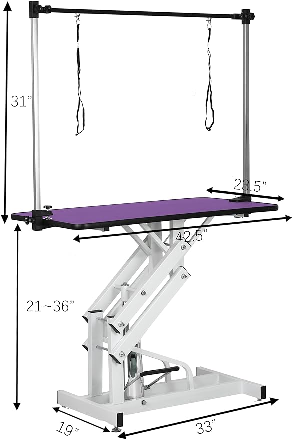Hydraulic Pet Dog Grooming Table for Large Dogs, Heavy Duty Grooming Table with Adjustable Arm Noose, Maximum Capacity Up to 330 lbs, 42.5''/Purple