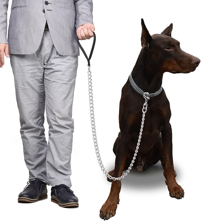 Premium Chain Heavy Duty Dog Leash - Soft Padded Leather Handle Lead - Perfect Basic Leashes Specifically Designed for Over 30KG Large Size Pets Walking (4 ft. x 5.0 mm (60-200 lbs.))