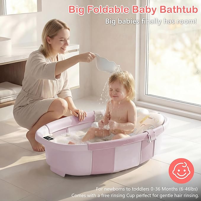 Collapsible Baby Bathtub - Large Baby Bath Tub with Thermometer | Bath Essential Bañera para Bebe Easy Fold Baby Tub | Travel Infant Newborn Toddler Bathtub for Baby Girl Boy 0 to 36 Months (Pink)