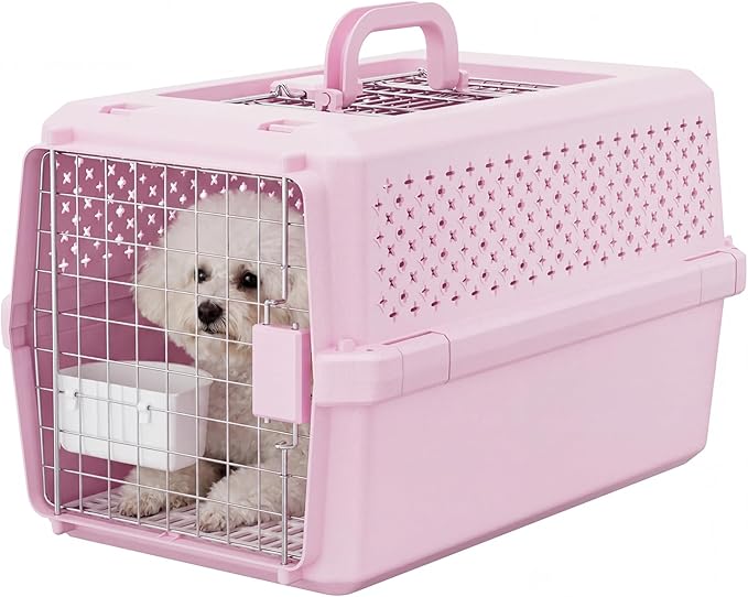 RIZZARI Medium Cat Carrier for Cats & Small Dogs: Durable Hard-Sided Pet Carrier with Ventilated Design -Metal Door & Portable Handle for Safe Travel and Daily Transport (Pink, Medium)