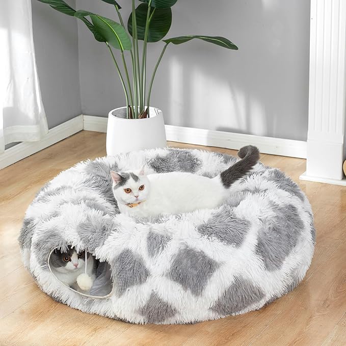 Warm Fluffy Plush Cat Tunnel Bed with Washable Cushion- Big Tube Playground Toys 3 FT Diameter Collapsible, for Indoor Cat Kitty Kitten Puppy Rabbit Ferret Gray-White Diamond Pattern