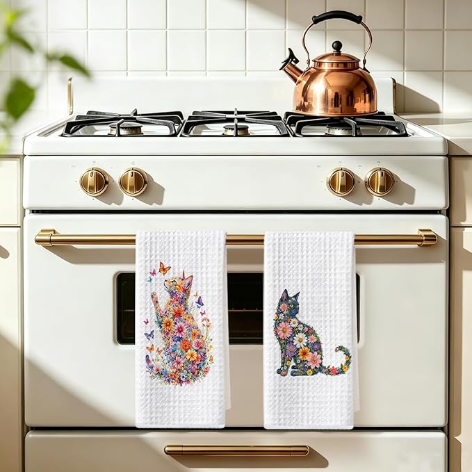2 Pcs Flower Cat Kitchen Towels, Floral Cat Hand Towel for Bathroom Decor, Kitten Dish Tea Towel for Kitchen Home Bathroom Decor, Pet Gifts for Kitten Lovers Women Girls, 24x14 Inch