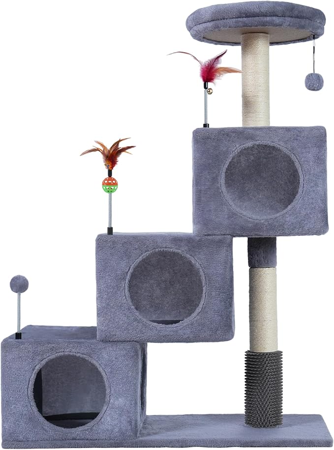 Cat Tree Tower for Indoor Cats, Cat Tree with 3 Spacious Cat Houses & Condos, Full Sisal Scratching Posts and Cat Scratcher Toys，Grey