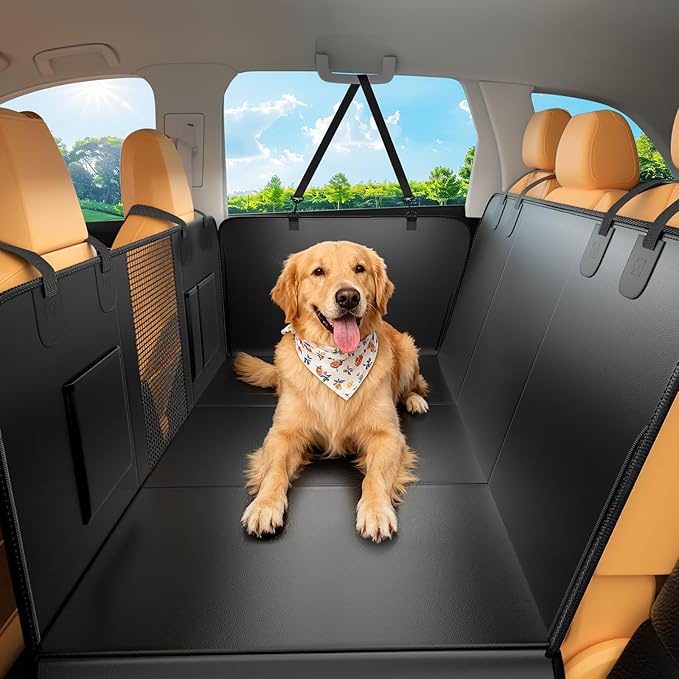 Hard Bottom Dog Car Seat Cover for Back Seat, 52"x65" Waterproof PU Leather Hammock with Side Flaps, Non-Slip Heavy Duty Protector for SUVs & Mid-Size Trucks, Supports Up to 450 lbs – Black