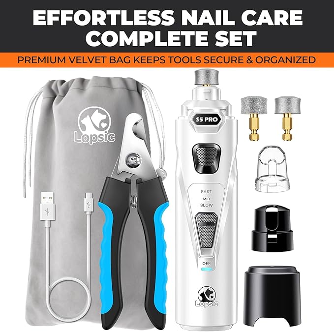 Whisper Quiet Dog Nail Grinder with 4 LED Lights, Safe & Stress-Free for Sensitive Dogs of All Breeds & Sizes, 3 Grinding Bits, 3-Speed, Pet Nail Trimmers, Rechargeable Painless Grooming Kit White