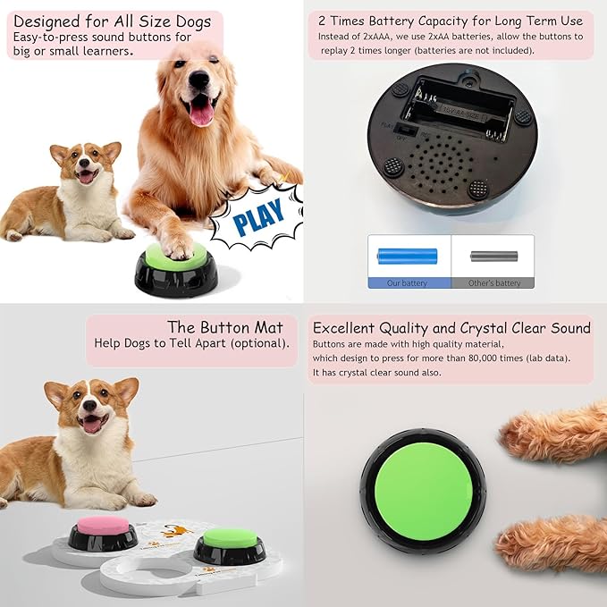 Dog Buttons for Communication, 4 PCS Talking Button for Cats and Dogs, 30 Second Voice Recordable Pet Training Buzzer with Waterproof Mat 25 Scene Stickers