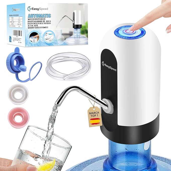 Water Dispenser for 5 Gallon Bottle, USB-C Charging Portable Electric Water Pump with 3 Adapters for 5 Gallon Jugs and Bottles, Automatic Drinking Water Dispenser for Camping, Travel, White