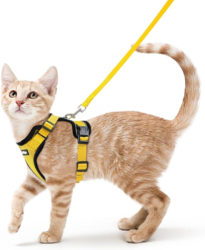 rabbitgoo Cat Harness and Leash Set, Escape Proof Vest Harness for Safe Outdoor Walks, Soft Breathable Adjustable Vest with Reflective Strips for Small and Average Cats, Yellow, S