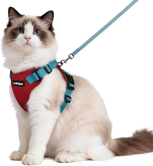 rabbitgoo Cat Harness and Leash Set, Escape Proof Vest Harness for Safe Outdoor Walks, Soft Breathable Adjustable Vest with Reflective Strips for Average to Large Cats, Red & Teal, M