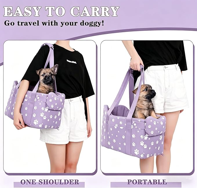Center Console Dog Car Seat Safe Travel for Small Dogs Under 15 lbs Detachable Washable Pet Carrier with Storage Pockets & Safety Leash (Purple)