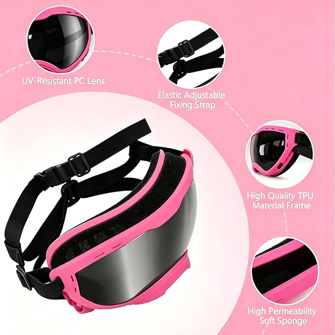 Dog Goggles for Medium to Large Breeds, UV Protection Dog Sunglasses with PC Lens, Soft TPU Frame and Adjustable Straps, Windproof Dustproof Anti-Fog Pet Eyewear for Outdoor Activities (Pink Frame)
