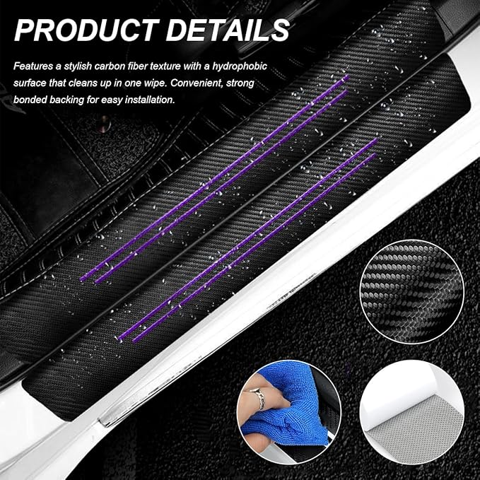 4 PCS Car Door Sill Protector, Waterproof Carbon Fiber Style Car Door Entry Guard Sill Protector, Anti-Scratch Door Threshold Strips Stickers for Most Vehicles, Car Accessories (Purple-4pcs)