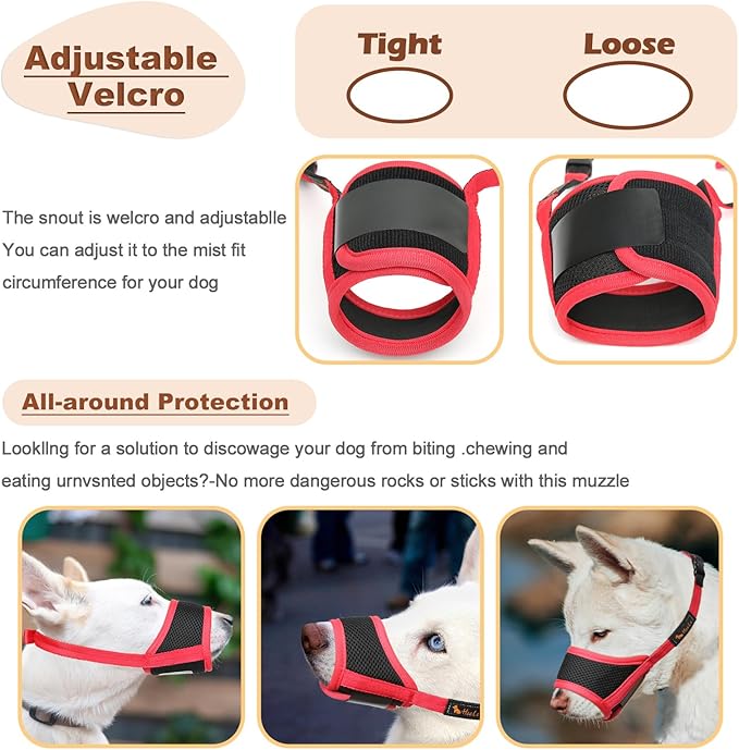HEELE Dog Muzzle,Soft Nylon Muzzle Anti Biting Barking Chewing,Air Mesh Breathable Drinkable Adjustable Loop Pets Muzzle for Small Medium Large Dogs 4 Colors 4 Sizes (Red, M)