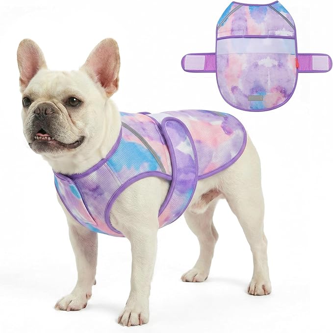 KYEESE Dog Cooling Vest, Lightweight Dog Cooler Jacket, 3D Breathable Mesh Pet Cooling Shirts for Summer with Reflective Stripe, Sun Protection Pet T Shirt for Beach, Hiking, Walking, Purple, S