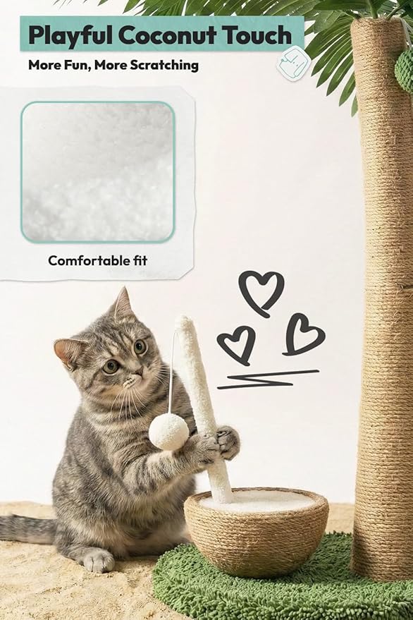 33" Tall Cat Scratching Post, Natural Jute Cat Scratcher for Indoor Cats,Coconut Tree & Straw Design with Hanging Toy Ball & Rest Platform,Stable Furniture Protector for Kittens & Adult Cats,M