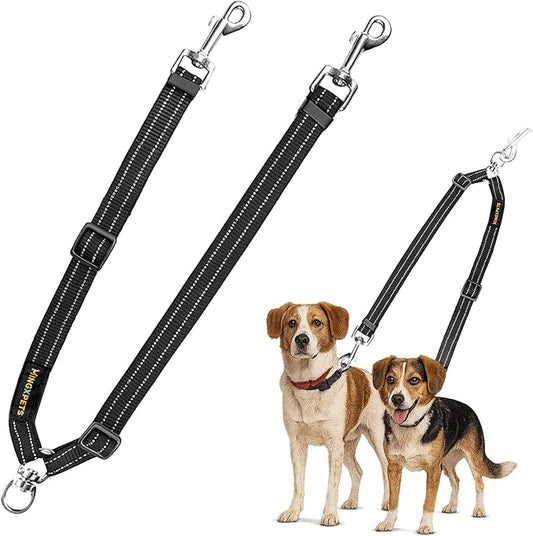 MingXpet Double Dog Leash for Two Dogs, No Pull Dog Leash, 360° Swivel No Tangle for Medium Dogs Walking & Training, Shock Absorbing Reflective Bungee, Black