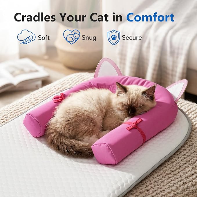 Cat Cooling Mat with Soft U-Shaped Pillow– Breathable Calming Cooling Pad for Cats– Portable Washable Summer Cooling Cat Bed for Indoor Or Travel Use,Hot Pink Cat