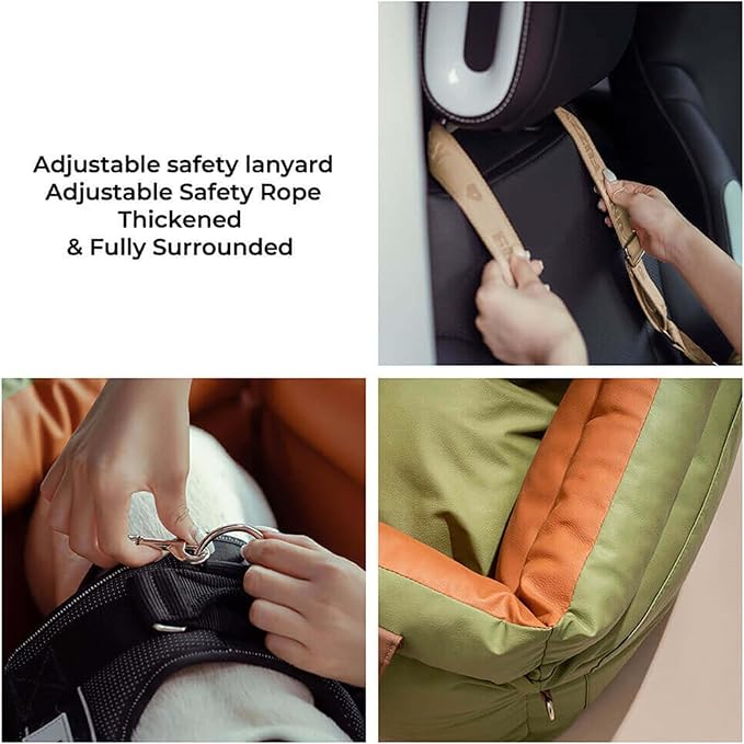 FUNNYFUZZY Luxury Dog Car Seat for Small Medium Dogs Under 35 lbs, Waterproof Leather Pet Booster Seat with Safety Leash & Anti-Slip Base, Fully Padded Dog Car Bed, Portable Puppy Carrier(Green)