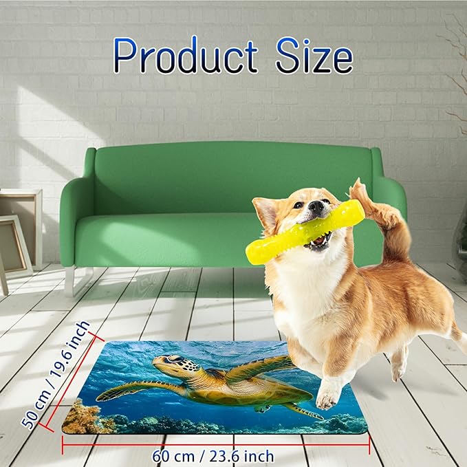 Dog Food Mat, 19.6" x 23.6" Absorbent Pet Feeding Mat for Food and Water, Waterproof Diatom Mud Pet Placemat with Non-Slip Rubber Backing, Easy Clean Cat Bowl Mat for Floors - Ocean Turtle