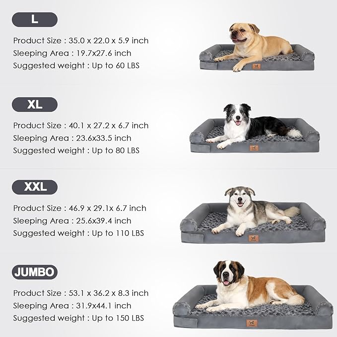 XXL Orthopedic Dog Bed - Breathable Egg-Crate Foam Sofa Couch with Bolster, Water-Resistant Liner & Washable Rose Velvet - Ideal for German Shepherds, Boxers, Dark Gray(48'' x 30'')