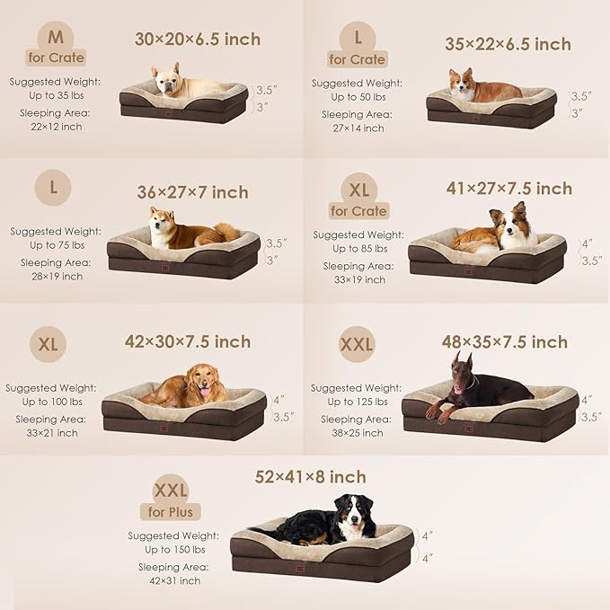 EHEYCIGA Orthopedic XL Dog Bed for Large Sized Dog, 48x35 Inch Extra Large Memory Foam Dog Couch Bed with Sides, Waterproof Liner & Washable Removable Cover, Bolster Pet Sofa, Brown
