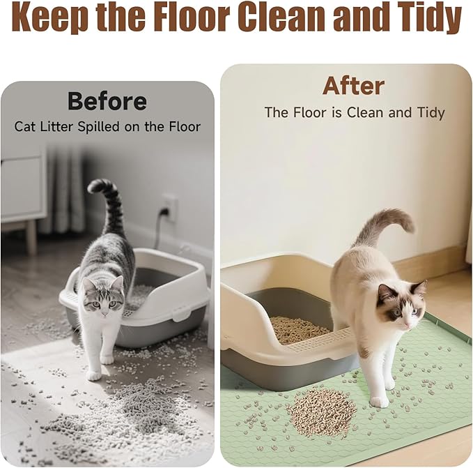 Cat Litter Mat, 34" X 22" Large Silicone Mat Cat Litter Trapping Mat, Waterproof Litter Box Mat, Soft on Kitty Paws, Urine-Proof, Easy to Clean, Non-Slip Kitty Litter Mat for Floor(Green)