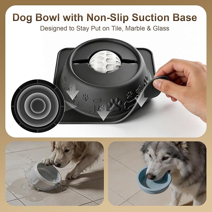 Slow Feeder Dog Bowl for Liquid Treats, Anti-Slip Lick Bowl, Bone Broth and Yogurt Puzzle Feeder, No Spill Pet Bowl Pup Lick Toy for Large Medium Small Dogs and Cats, Anxiety Relief, Black