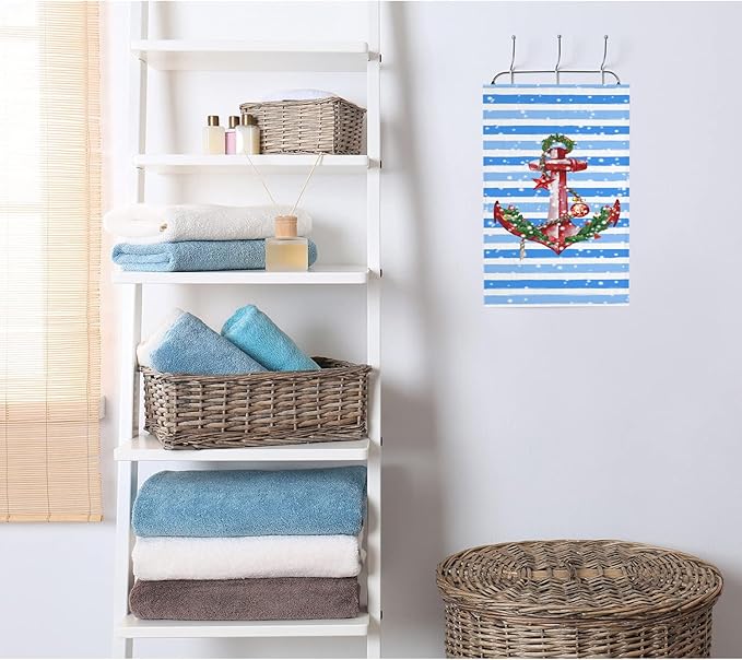2 PCS Christmas Anchor Hand Towels Soft Microfiber Blue Red Stripes Holly Berry Flower Snow Kitchen Towel for Bathroom Yoga Gym Winter Merry Bright Decorative Towels 13.8"X29.1"
