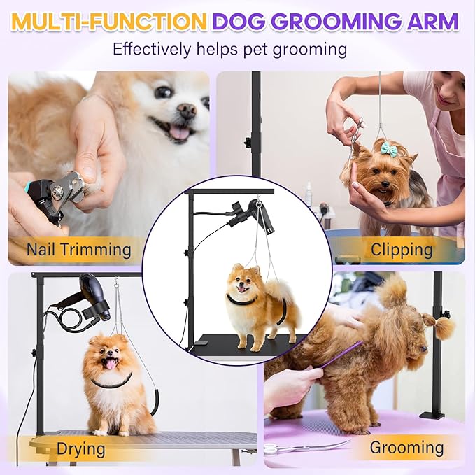 Dog Grooming Arm with Metal Clamp, Dog Grooming Table Arm & Hair Dryer Stand Hands Free Blower Hose Holder 2 in 1, Adjustable Grooming Arms for Tables with Loops for Groomers for Small Medium Pets