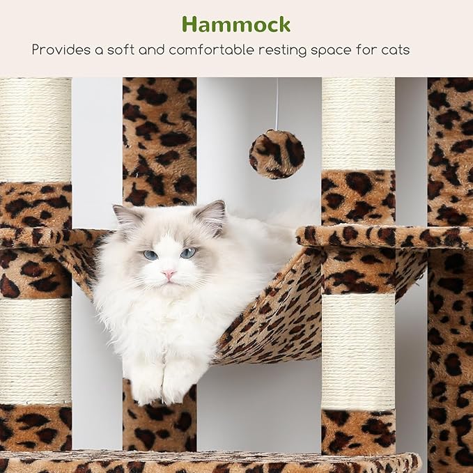 Globlazer XXL Giant Cat Tree, 83 Inch Heavy Duty Tall Cat Tower for Indoor Cats Large Adult, Multi-Level Large Cat Condo with 8 Scratching Posts, Hammock, 2 Cat Caves, 2 Platform, F83B, Leopard Print
