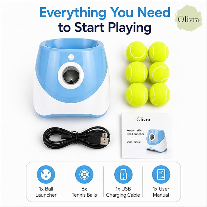 Automatic Dog Ball Launcher, Dog Ball Thrower Machine with 10-30 Ft 3 Launching Distance, Interactive Toys for Small Dogs Indoor & Outdoor with 6 Mini Tennis Balls (2 inch), Rechargeable, Blue