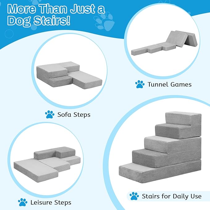 Dog Stairs for Small Dogs, 22" H Dog Steps for High Bed, 5 Steps 3 in 1 Foldable Pet Ramp for Large Cats Climb, Transformable Large Cats Ramp to Get on Couch, Non-Slip Balanced, Light Grey