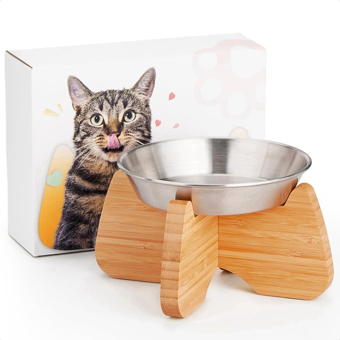 Raised Cat Bowl, Stainless Steel Elevated Cat Bowl Whisker Friendly Wide Flat Shallow Cute with Bamboo Stand Elevated Cat Food Plate Dishwasher Safe No Slip Lifted Raised Cat Dish Easy to Clean