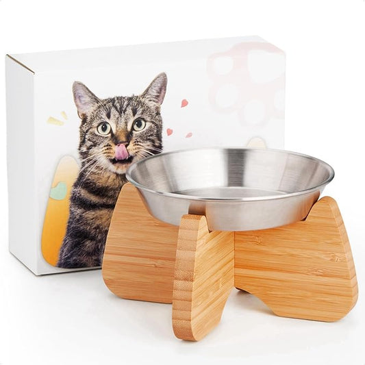 Raised Cat Bowl, Stainless Steel Elevated Cat Bowl Whisker Friendly Wide Flat Shallow Cute with Bamboo Stand Elevated Cat Food Plate Dishwasher Safe No Slip Lifted Raised Cat Dish Easy to Clean