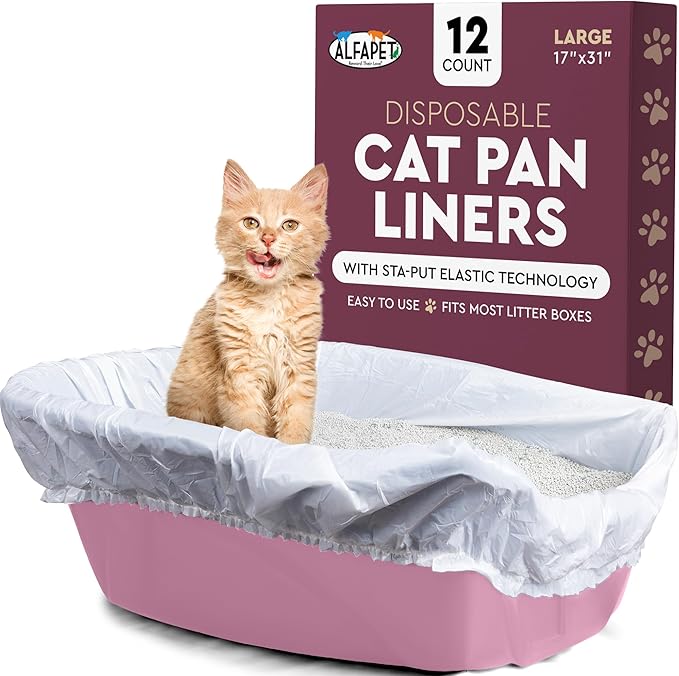 Alfapet Cat Litter Box Liners Large 12 Count - Tear-Resistant Cat Litter Bags - Waterproof Kitty Litter Liners - Fits Litterbox Pan Sizes Medium and Large, 31" x 17", 20 lb Capacity