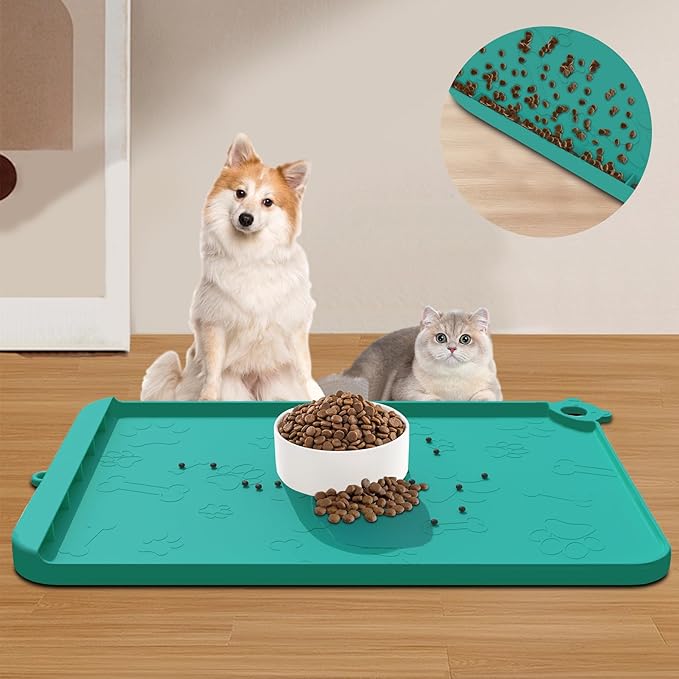 Dog Food Mat, Silicone Dog Mat for Food and Water -Pet Feeding Mats with Residue Collection Pocket, Waterproof Dog Cat Bowl Mats with Raised Edges and Hooks, Placemats for Cats and Dogs Water Bowl