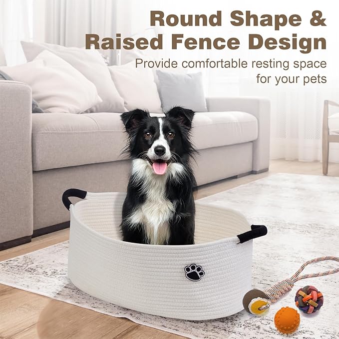 Optish Dog Toy Basket, Toy Storage Box and Bin with Handles, 19.7" X 11" X 7.9" (30L) Large Woven Rope Basket for Blankets, Living Room, Bedroom, White