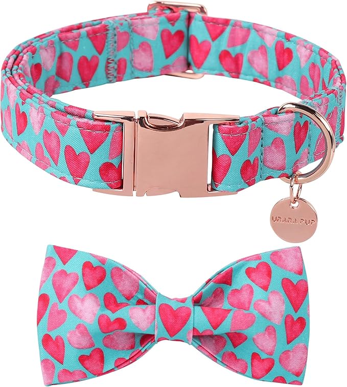 Valentine’s Day Dog Collar with Bow Tie, Pink Heart Bowtie Collar with Metal Buckle, Valentine’s Day Gift Pet Collar for Puppy Girl Boy Dog or Cat, Wedding Dog Collar,XL, Neck 16-26in