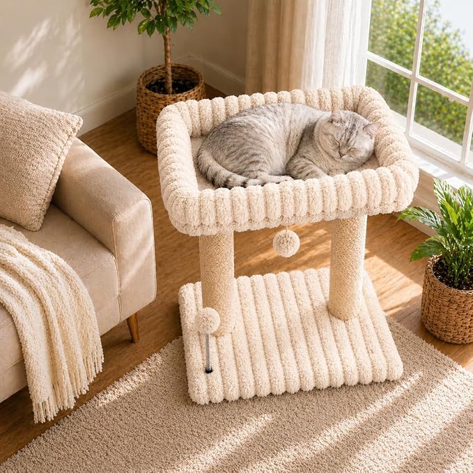 Cat Tree with Cat Scratching Post for Indoor Cats,Small Cat Tower with Soft Large Perch Bed Sisal Scratcher for Medium Cats and Kitten,Activity Play Centre Spring & Hanging Toy Balls,Beige