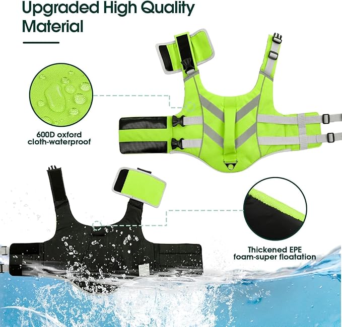 Kuoser Dog Life Jacket with Reflective Stripes, Dog Life Vest for Swimming Boating, Adjustable Pet Lifejackets with High Flotation, Doggie Swimsuit for Small Medium Large Dogs