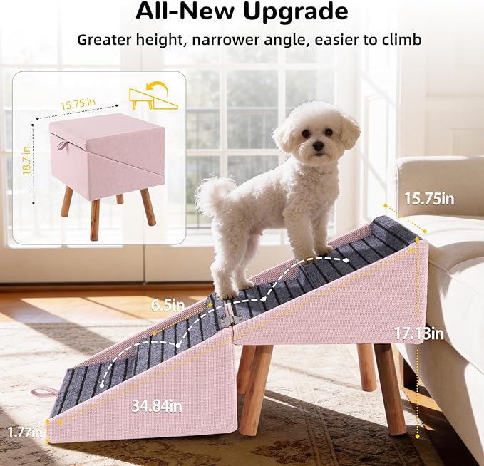 Dog ramp for Small Dogs, 2-in-1 Pet Steps & Ottoman - Foldable Dog ramp for Couch, Non-Slip Wooden Pet ramp for Puppy Senior Injured Dogs (Pink, XL(17.13H))