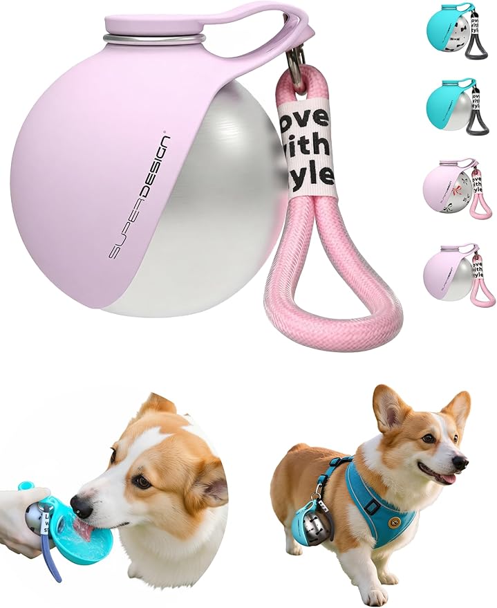 Portable Dog Water Bottle for Small Dogs: 285ml 2-in-1 Insulated Compact Leak-Proof Stainless Steel Round Water Dispenser with Collapsible Bowl for Daily Walks, Short Hikes & Travel