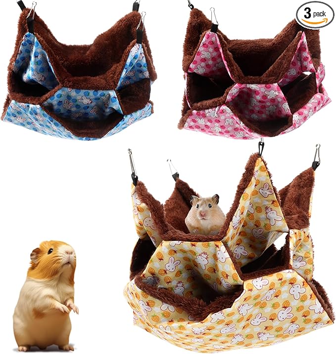 Weewooday 3 Pcs Rat Hammock 3 Tier Ferret Hammock Cage Hanging Bed Cage Accessories for Pet Guinea Pig Hamster Parrot Sugar Glider Ferrets Rat Chinchilla Playing Sleeping(Blue, Pink, Yellow)