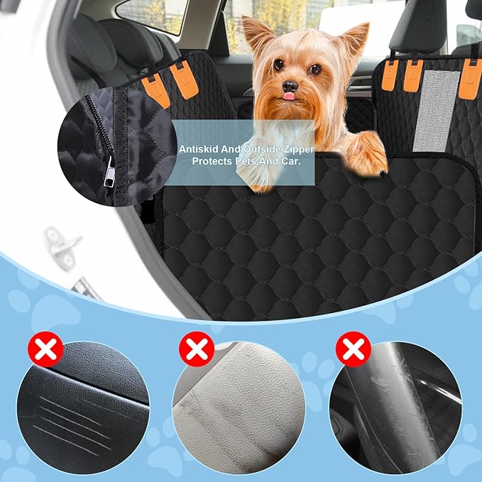 ZRRAJOY Dog Car Seat Cover for Back Seat, Waterproof Protector with Side Flaps, Scratchproof Hammock, Non-Slip Bottom for Cars/Trucks/SUVs (Black)
