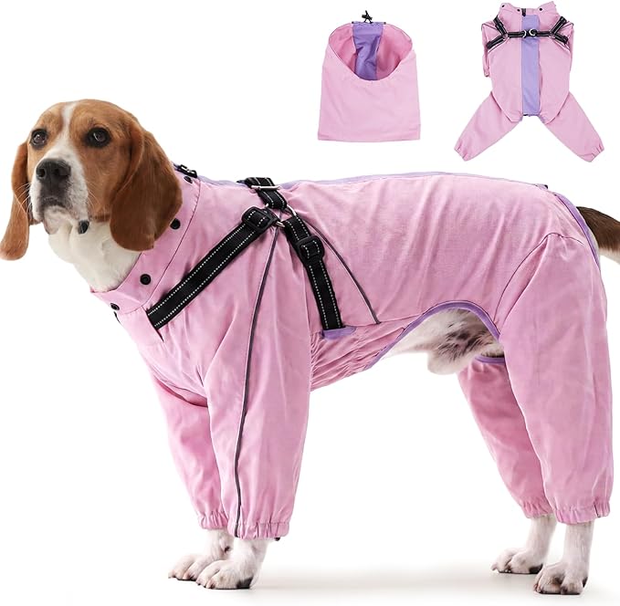 Lelepet Raincoat for Dogs, Rain Jacket Dog with Harness, Waterproof Reflective Coat with Adjustable Detachable Hood, Elastic Waist Zipper Hook and Loop Pet Raincoats, Pink, M